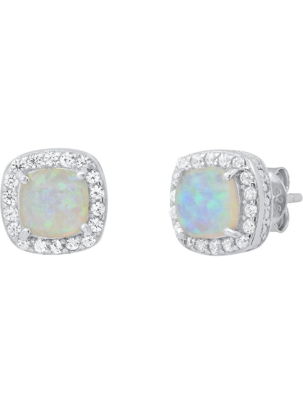 Stunning 6mm Cushion Lab Created Opal & White Sapphire Halo Stud Earrings, 925
